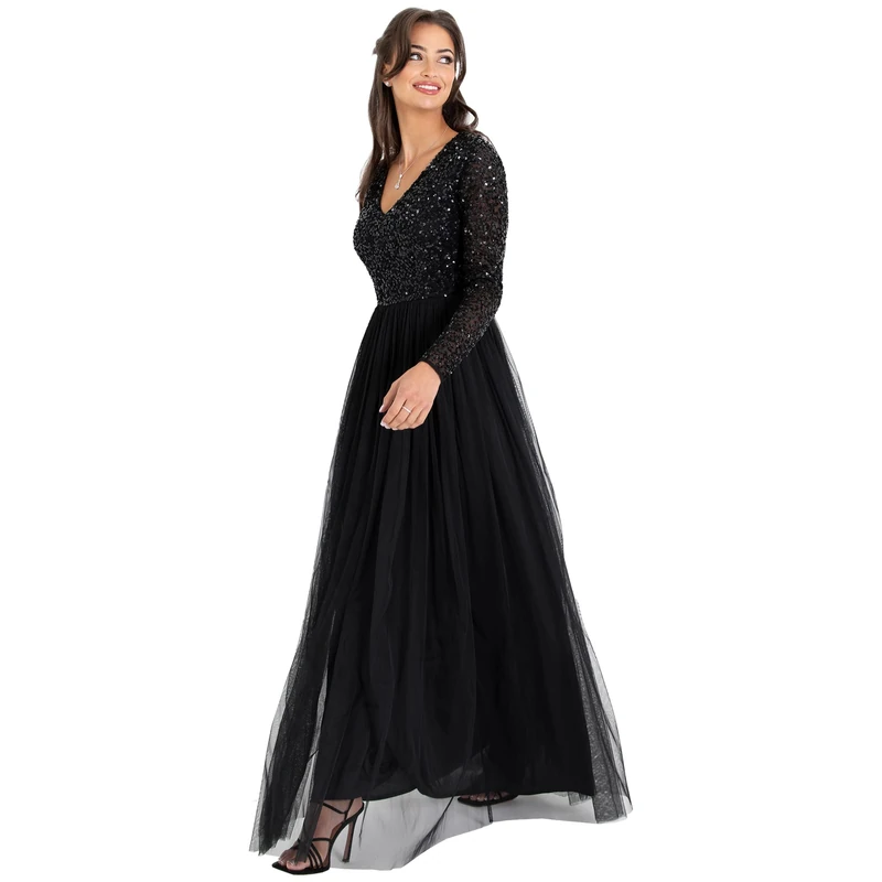 Maya Deluxe Women's Womens Ladies Dress Sleeve for Wedding Guest V Neck High Empire Waist Maxi Long Length Evening Bridesmaid Prom Dresses, Black,