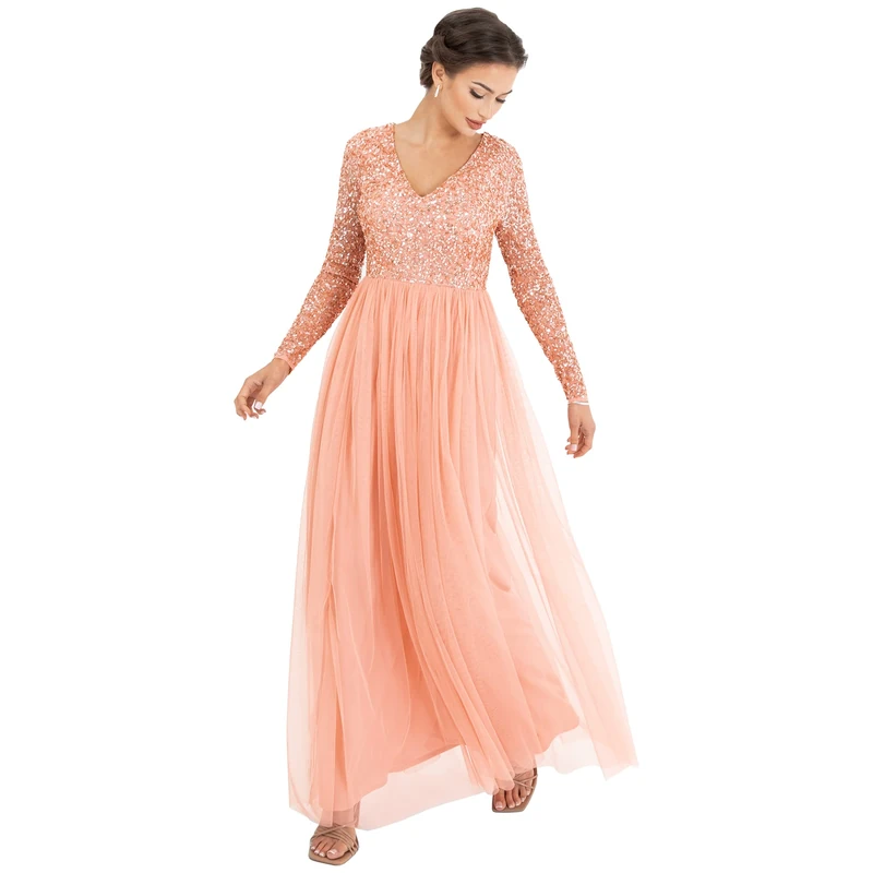Maya Deluxe Women's Dress Sleeve for Wedding Guest V Neck High Empire Waist Maxi Long Length Evening Bridesmaid Prom Dress, Apricot, 22