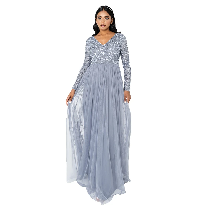 Maya Deluxe Womens Ladies Long Sleeve for Wedding Guest V Neck High Empire Waist Maxi Length Evening Bridesmaid Prom Dress, Apricot, 6 UK