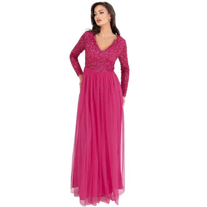Maya Deluxe Women's Womens Ladies Dress Sleeve for Wedding Guest V Neck High Empire Waist Maxi Long Length Evening Bridesmaid Prom Dresses, Fuschia,