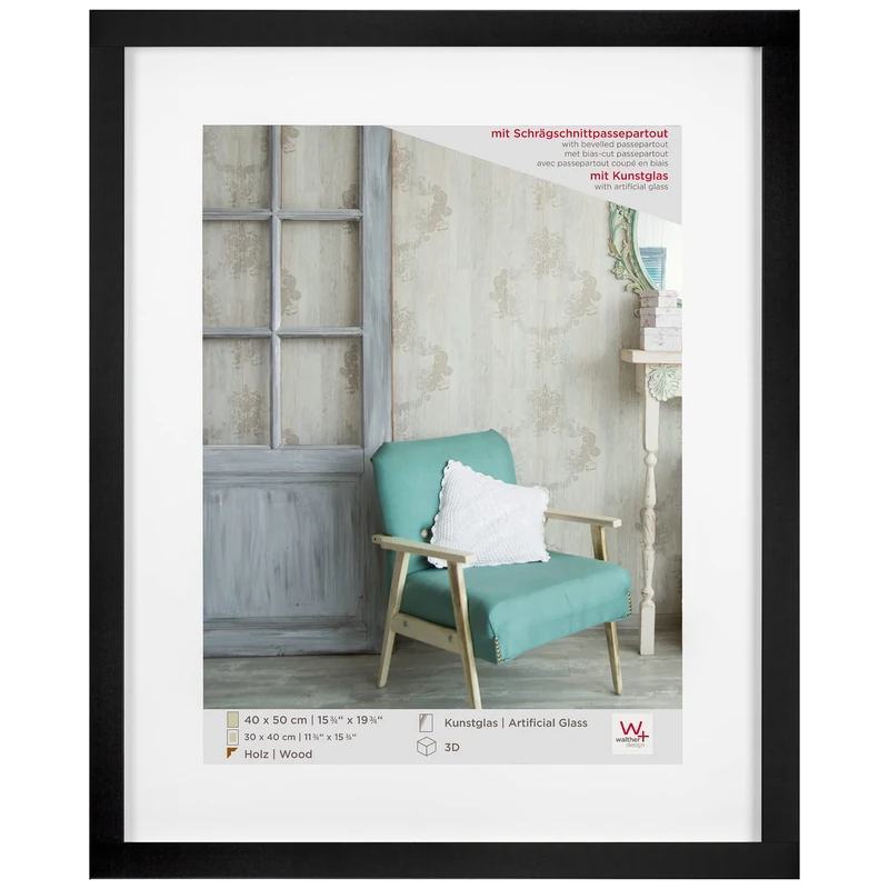 walther design Stockholm EA450B Picture Frame, Wooden Frame with Art Glass and Passe-Partout, 40 x 50 cm, Black