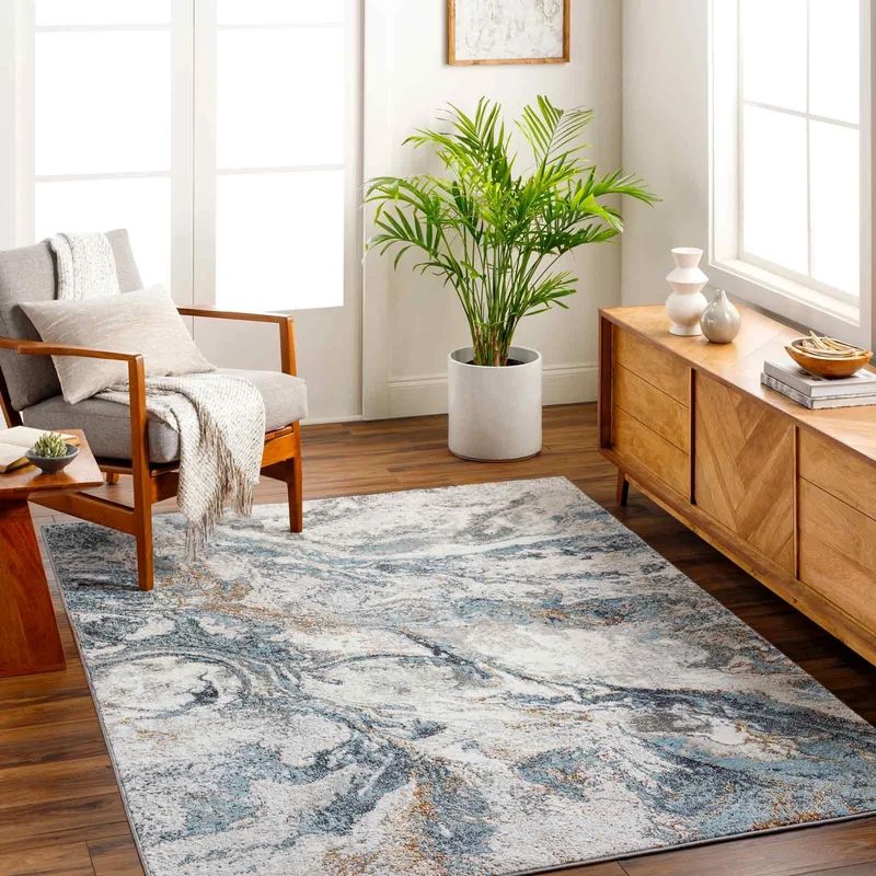 Livabliss Odunec Abstract Rug - Area Rugs Living Room 160x213 cm, Dining Room, Lounge, Kitchen, Bedroom - Modern Marble Large Rug, Soft Luxurious Easy Care Medium Pile, Ivory, Blue, Grey, Rust