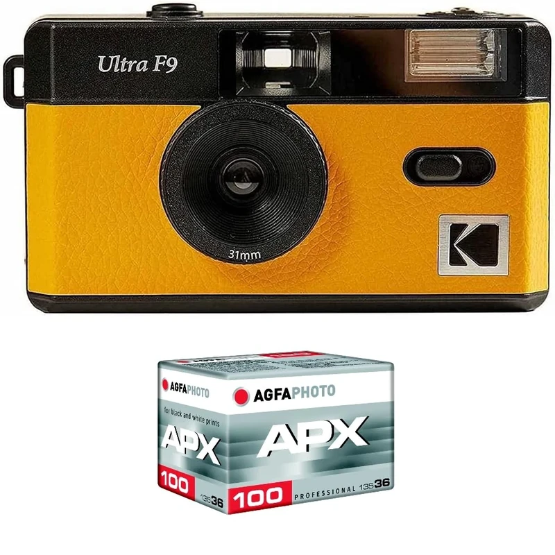 KODAK Pack F9 Silver + 100 ASA Film - Rechargeable 35mm Yellow Camera, Fixed Wide Angle Lens, Optical Viewfinder, Built-in Flash + APX 100 Film, 36 Exposures