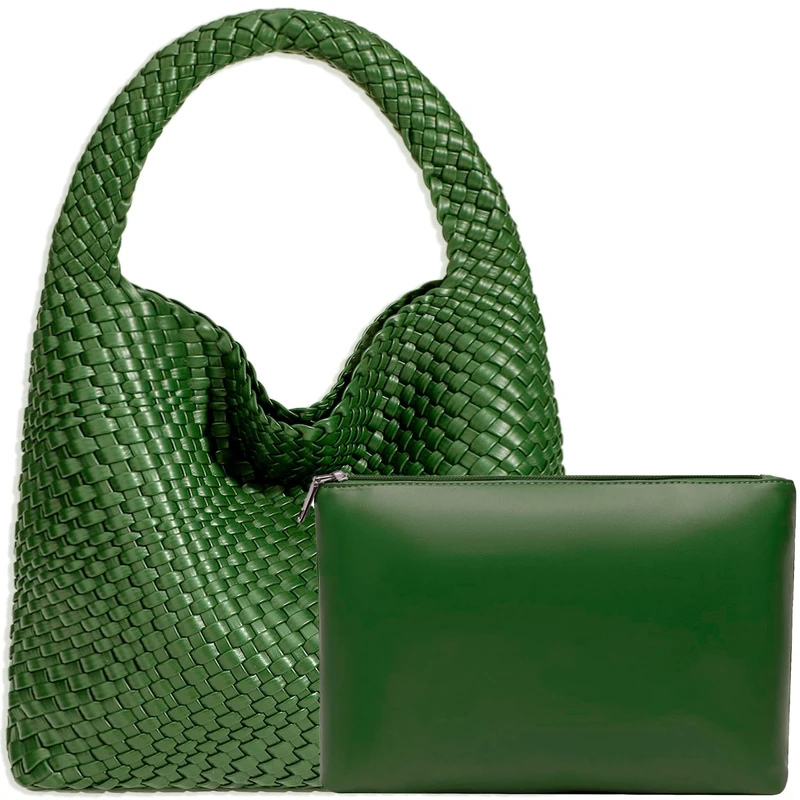 JINMANXUE Women Vegan Leather Hand-Woven Tote Handbag Fashion Shoulder Top-handle Bag All-Match Underarm Bag with Purse, Palm Green