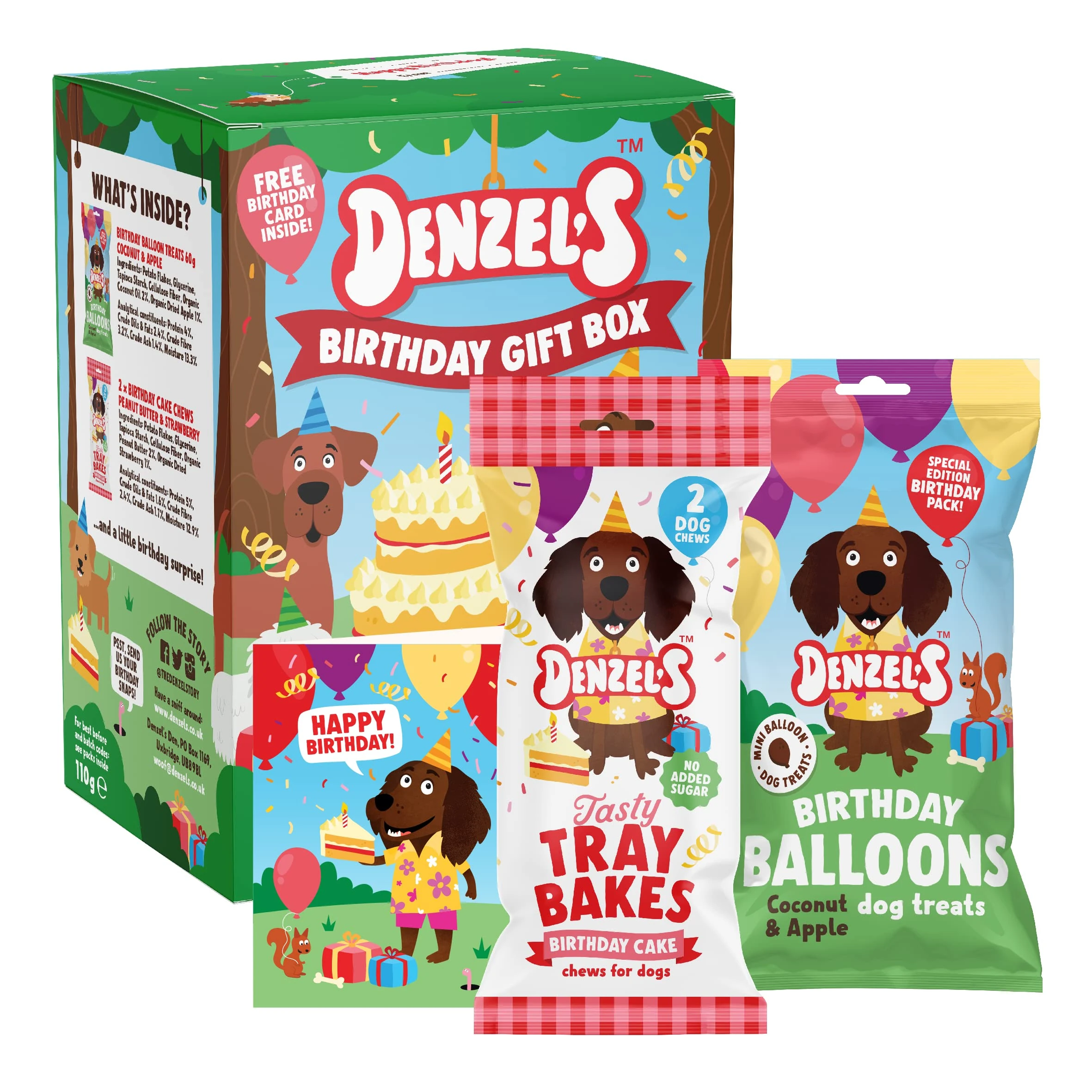 Denzel's Dog Treats Mini Birthday Gift Box - Birthday Cake Chews with Peanut Butter & Strawberry + Balloon shaped Treats with Coconut & Apple - 110g