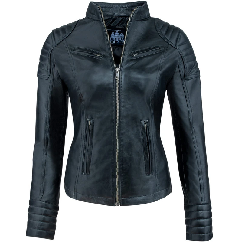 URBAN 5884 Women's Leather Jacket, Jacket in Genuine Lambskin, Short and Tight Model, Smooth and Soft Leather, Black, S, Black, S