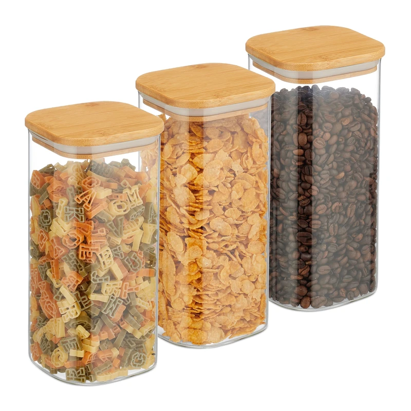 Relaxdays Storage Jars with Bamboo Lids, Set of 3, Square Glass Storage Jars, 1500 ml, Airtight, Transparent/Natural