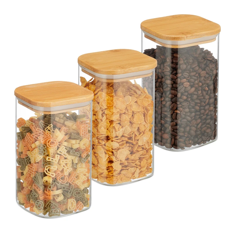 Relaxdays Jars with Bamboo Lids, Set of 3, Square, 1200 ml Each, Dry Food Storage, Glass, Transparent/Natural, 17,5 x 10 x 10 cm