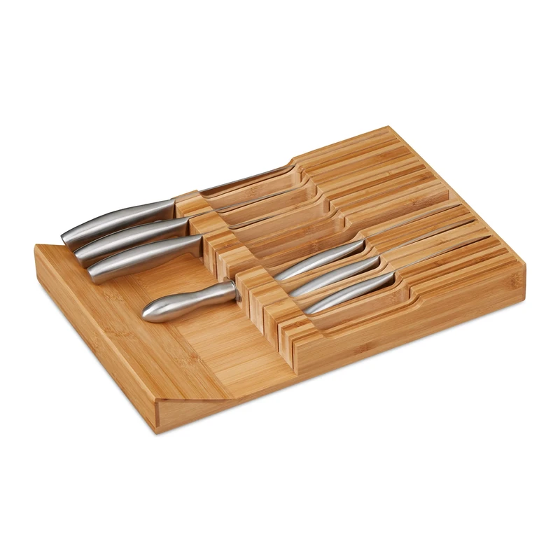 Relaxdays Knife Holder, Drawer Insert, for 16 Knives & Sharpener, Bamboo, Horizontal Storage, 5 x 43 x 29 cm, Natural