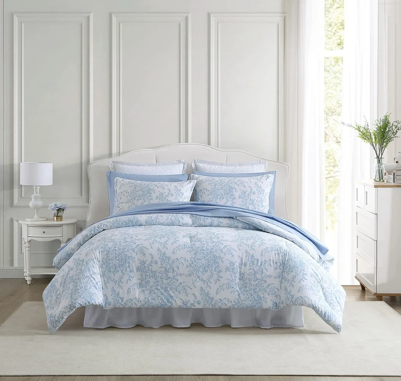 Laura Ashley Cotton Reversible Bedding Set with Matching Sham(s), Farmhouse Home Décor, Bedford Blue, King