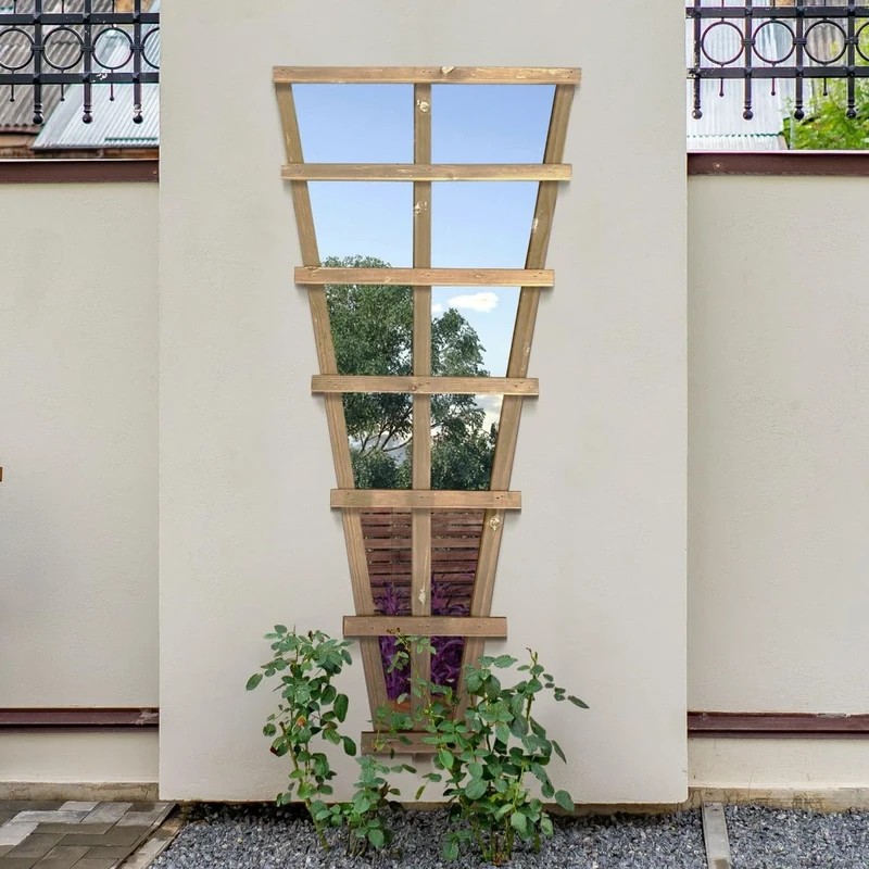MIRROROUTLET The Trellis Fan - Outside Scandinavian Redwood Garden Wall Fence Mirror 71" X 35" (179.5CM X 89.5CM) Mirror Glass with Wood Trellis Outer. Exclusive