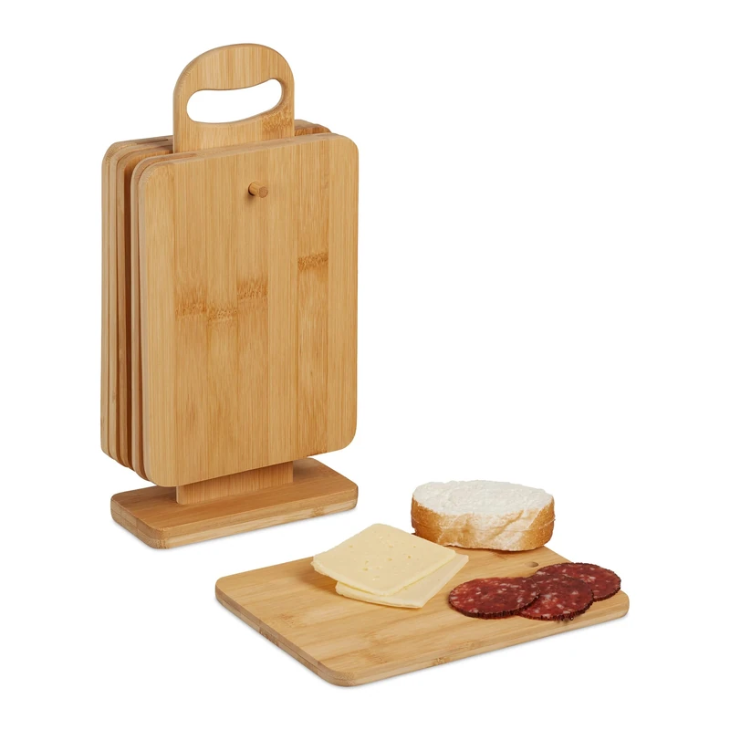 Relaxdays Chopping Boards with Stand, Set of 6, Cutting Mats, 22 x 16 cm, Bamboo, Kitchen Food Preparation, Natural, 32.5 x 16 x 7 cm