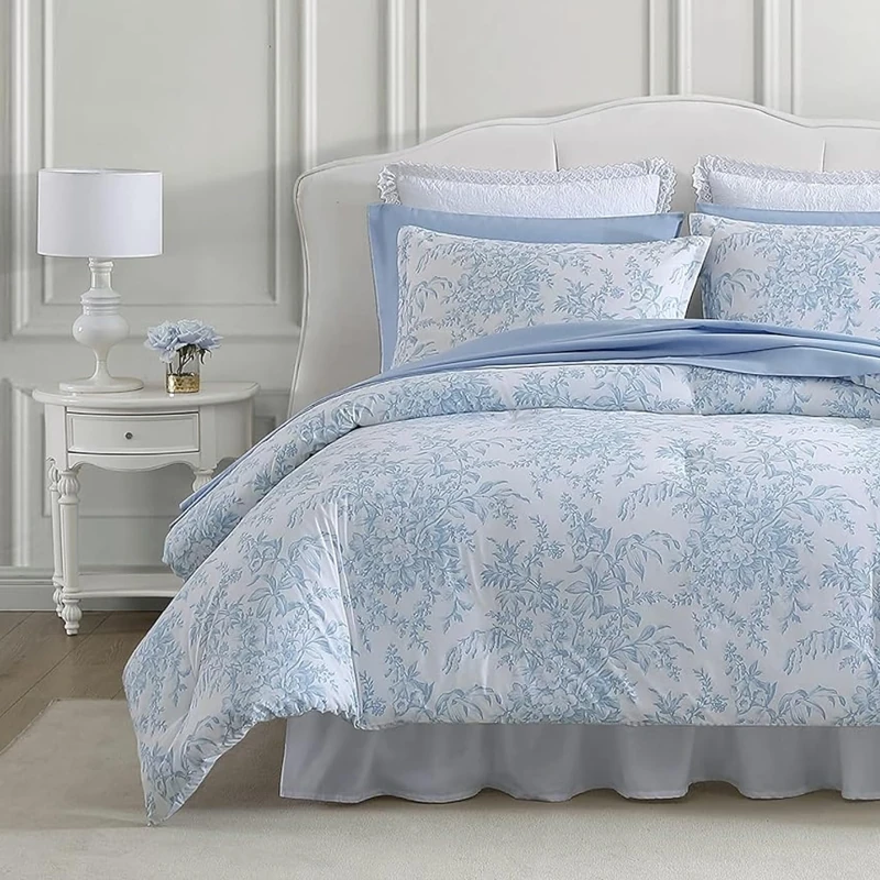 Laura Ashley Cotton Reversible Bedding Set with Matching Sham(s), Farmhouse Home Décor, Bedford Blue, Queen