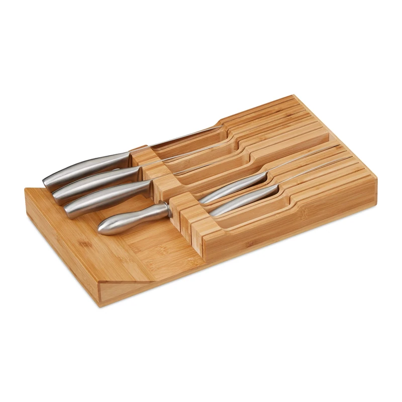 Relaxdays Knife Holder, Drawer Insert, for 12 Knives & Sharpener, Bamboo, Horizontal Storage, 5 x 43 x 23 cm, Natural