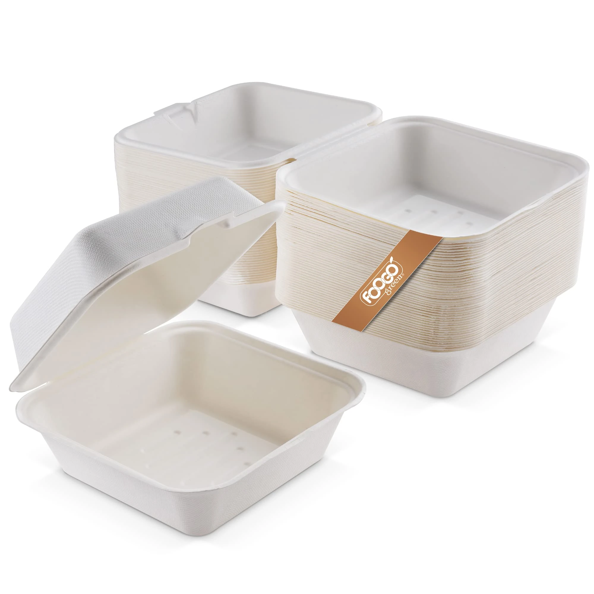 FOOGO Green 50pcs Takeaway Burger Boxes, 6inch 17oz / 480ml, Made from Natural Sugarcane Pulp, Eco-Friendly Clamshells, Disposable Food Containers, Compostable Biodegradable, Sugarcane bagasse