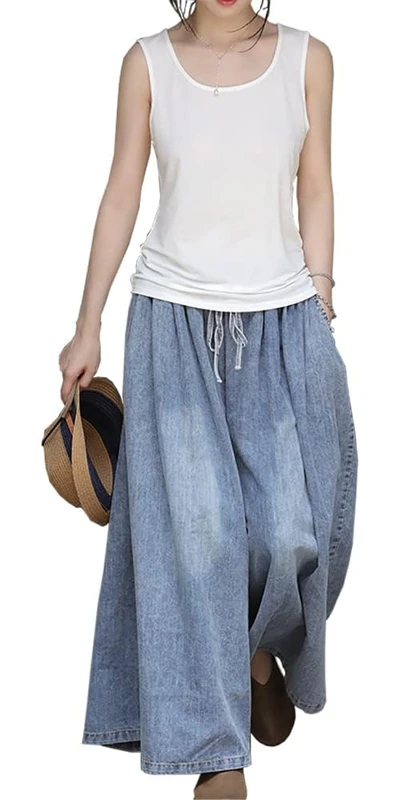 EXPOING Extra Wide Leg Denim Pants for Women Long Jeans Elastic Waist with Pockets Plus Size Loose Casual, A-Blue, Large - Image 1