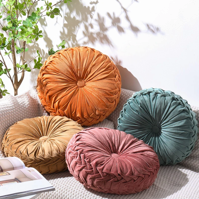 Kathfly 4 Count Round Throw Pillow Velvet Pleated 3D Pumpkin Round Pillow Boho Floor Cushion Couch for Bed Chair Home Car Sofa Decorations, 4 Colors, 14.17 x 14.17 Inches, 13.78 x 13.78 Inches - Image 1