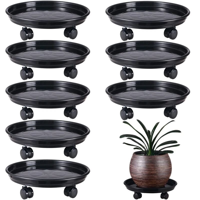 8 Packs Large Plant Caddy with PU Wheels 12” Rolling Plant Stands Heavy-duty Plastic Plant Roller Base Pot Movers Plant Saucer on Wheels Indoor Outdoor Plant Dolly with Casters Planter Tray Coaster