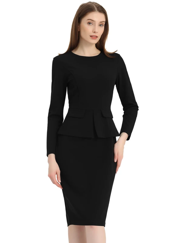 Allegra K Women's Bodycon Dresses Round Neck Long Sleeve Casual Work Outfits Peplum Sheath Dress, Black, XS