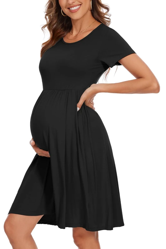 WOOXIO Women's Short Sleeve Maternity Dress Patchwork Pregnancy Clothes with Pockets, Black, M