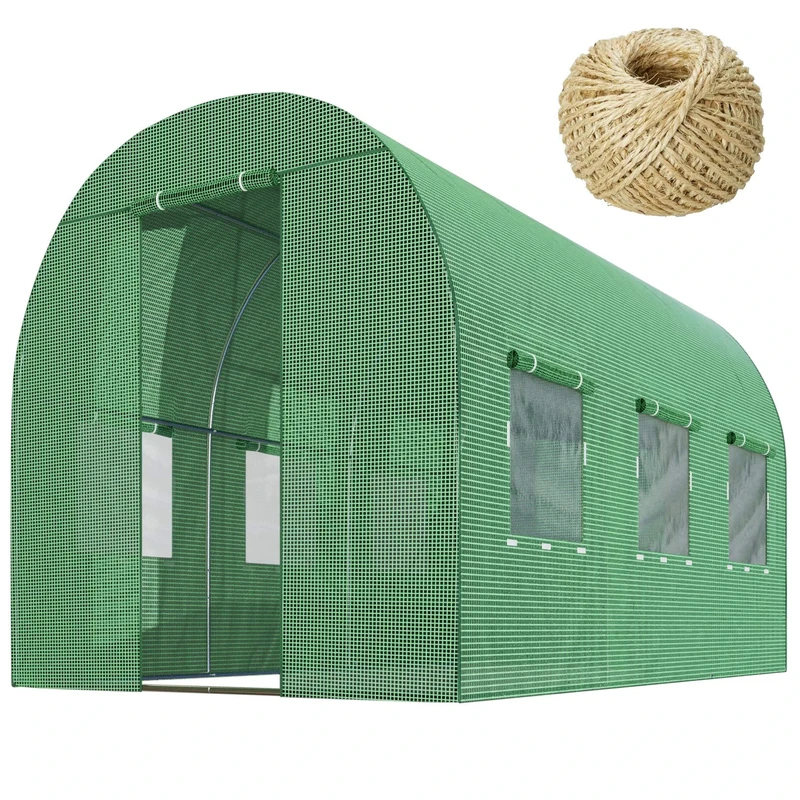 Plonos 6m2 Garden Polytunnel Greenhouse - Coche Greenhouse for Plants - PE Film Garden Cover - 6 Windows with Mosquito Net - Galvanised Steel Frame - 2 x 3 m - Green