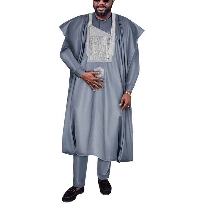 HD African Mens Apparel Agbada Clothing Embroidery Dashiki Shirts and Pants Outfits 3 Pieces, Grey-02, XL