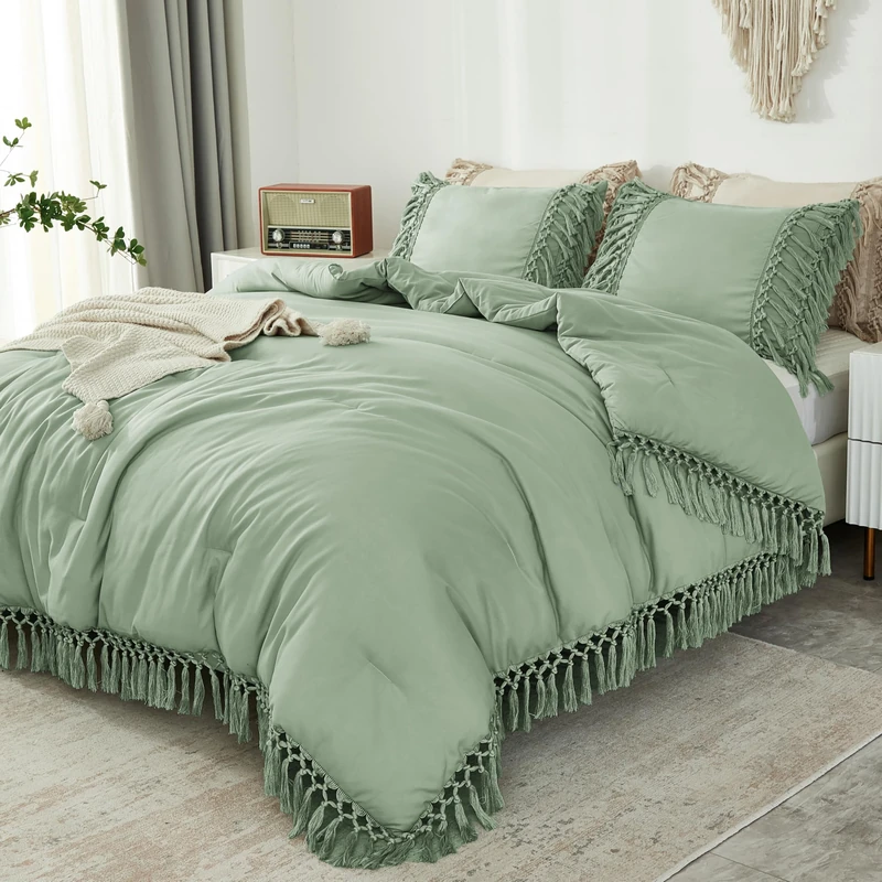 Andency Sage Green Comforter Set Blankets Queen, 3 Pieces Boho Tassel Lightweight Summer Soft Bedding Comforter Sets, All Season Fluffy Fringe Bed Set (90x90In Comforter & 2 Pillowcases)