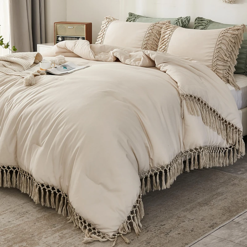 Andency Beige Comforter Set Queen, 3 Pieces Boho Tassel Bedding