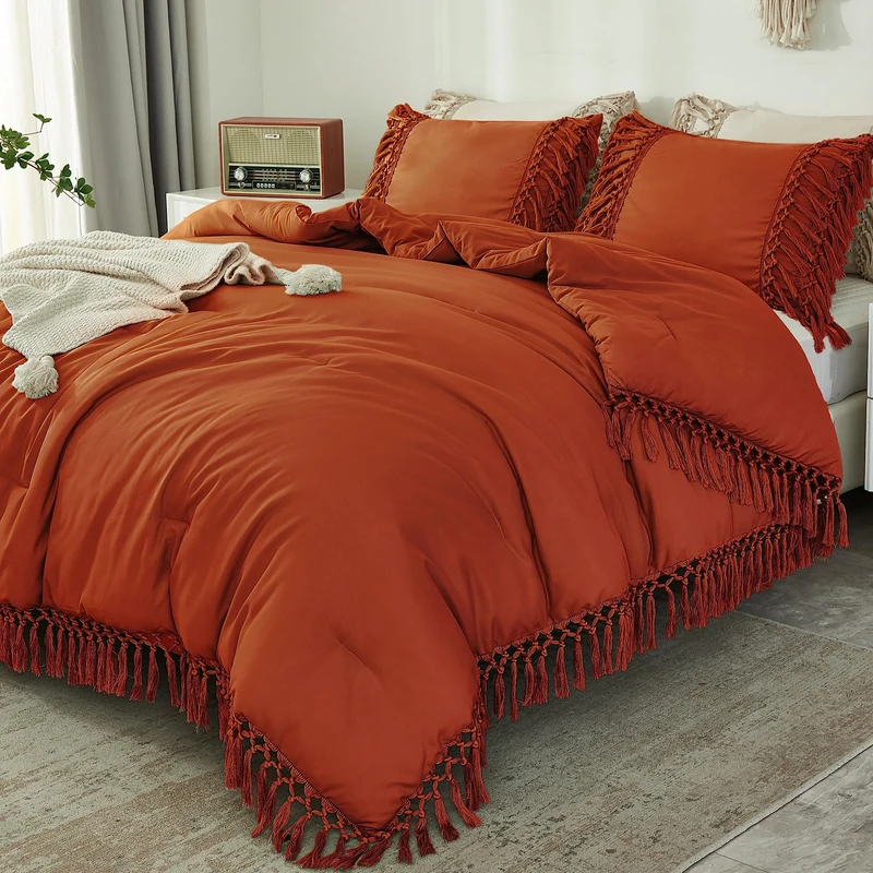 Andency Burnt Orange King Bed Comforter Set, 3 Pieces Boho Terracotta Tassel Lightweight Summer Soft Bedding Comforter Sets, All Season Rust Fluffy Bed Set (104x90In Comforter & 2 Pillowcases)