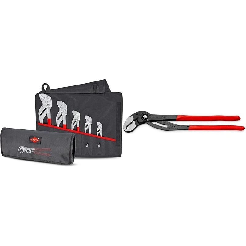 Knipex Set of Pliers Wrenches 5 Pieces 00 19 55 S4 & Cobra® XL Pipe Wrench and Water Pump Pliers Grey atramentized, Plastic Coated 400 mm 87 01 400