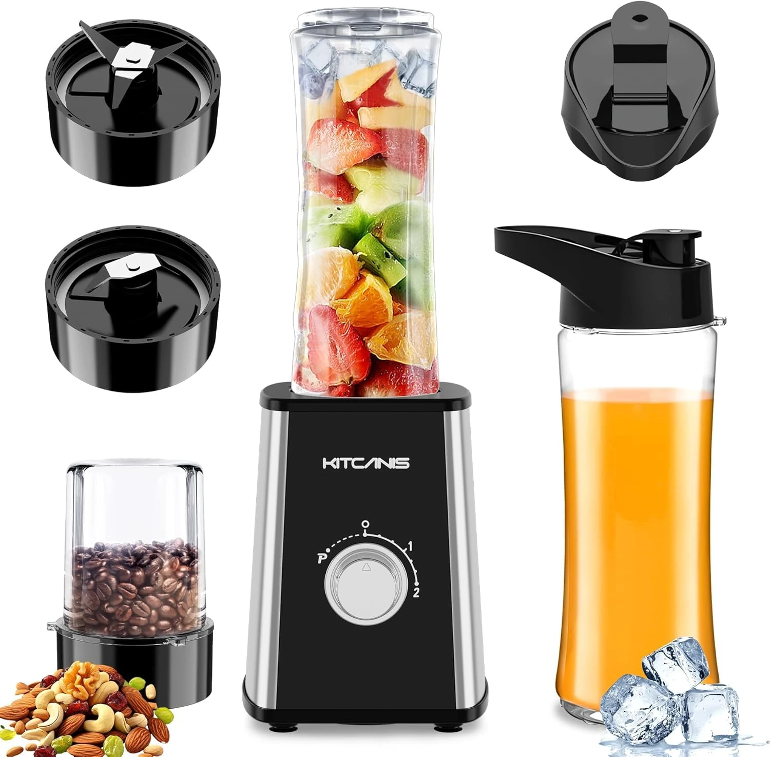 KITCANIS Mixer Smoothie Maker 800W, 3 in 1 Multifunctional Smoothie Blender with 3 Adjustable Speeds, 600ML Portable Bottle and 300ML Grinding Cup for Ice, Fruit, Vegetable, nut, BPA-Free