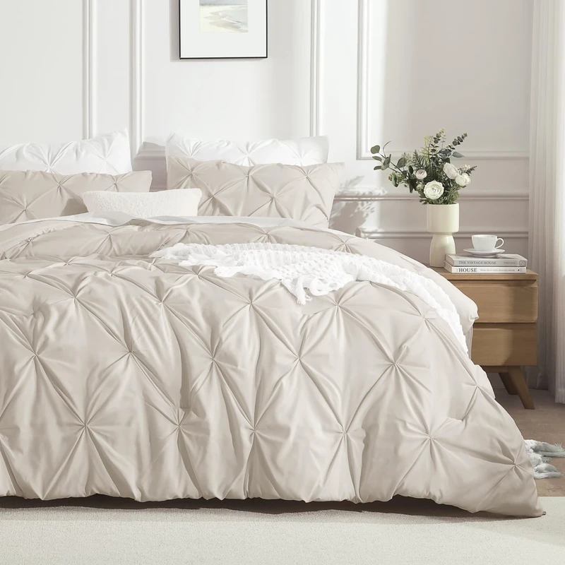 Andency Beige Comforter Set Twin(66x90Inch), 2 Pieces Twin Size Comforter for Girls Kids, Soft Microfiber Pinch Pleat Comforter Set, All Season Lightweight Bedding Comforter Set
