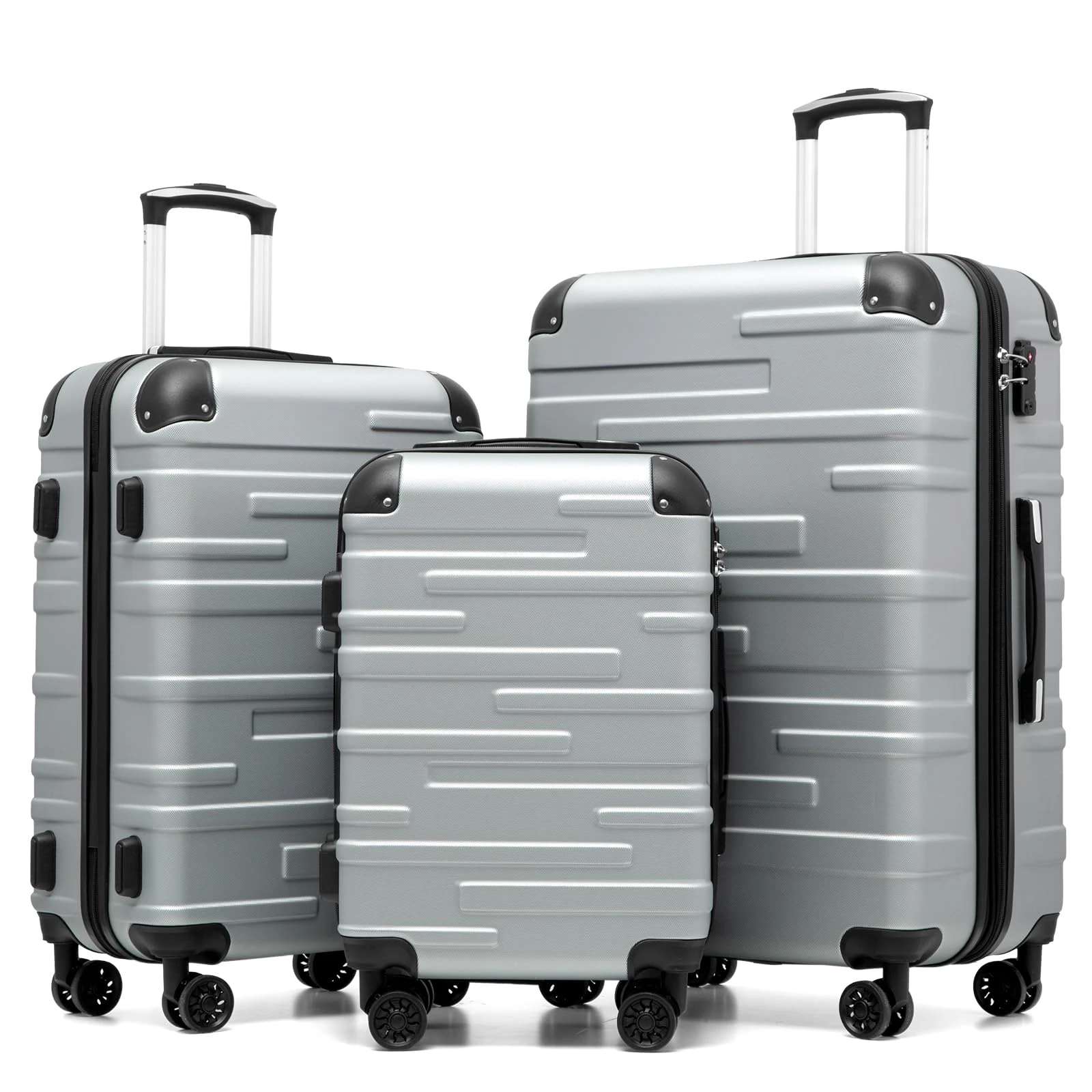 COOLIFE Hard Shell Suitcase with TSA Lock and 4 Spinner Wheels Lightweight Durable (Bright Silver, 3 Pcs Set)
