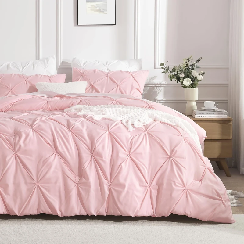Andency Pink Comforter Set Queen(90x90Inch), 3 Pieces Soft Lightweight Cute Pinch Pleat Comforter Set for Queen Bed, All Season Western Warm Bed Set for Girls Women