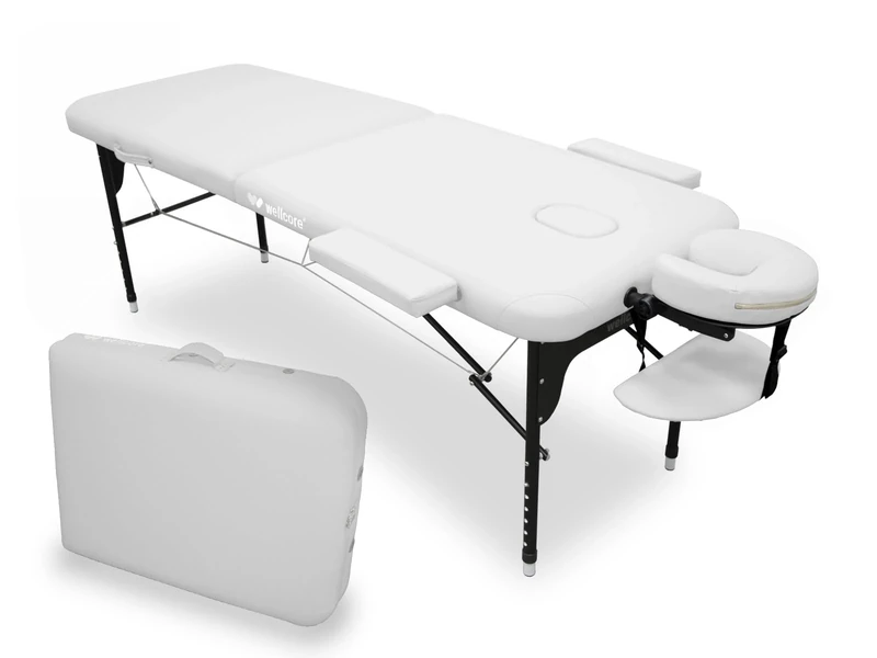 WELLCORE Aluminium Folding Stretcher, 185 x 65 cm, Leatherette, Adjustable Head, Facial Hole, Side Arms, White, Carry Backpack, Up to 225 kg - Image 1