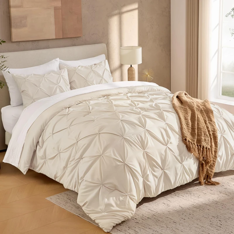 Andency Queen Pinch Pleat Beige Comforter Set 3 Piece Bedding