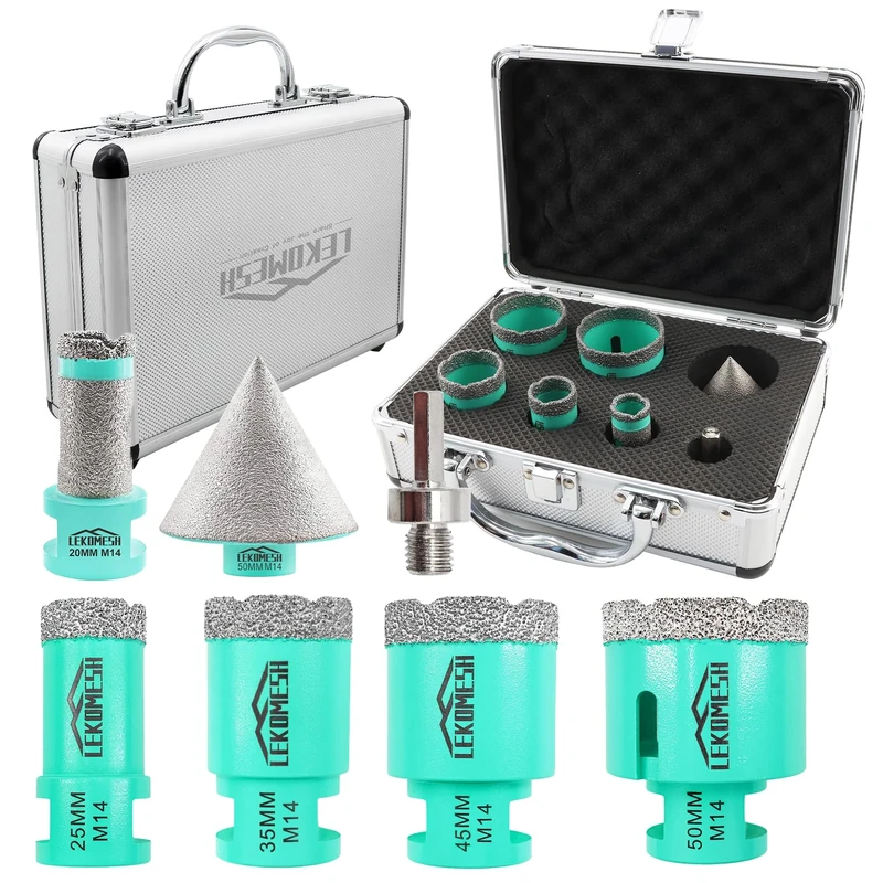 Diamond Core Drill Bits Kit - 7pcs (20MM Drilling Milling bit+25/35/45/50mm+50MM Chamfer Milling Bits+Adapter) LEKOMESH Tile Hole Saw Kit for Porcelain Tile Ceramic Granite Marble, Mint green, Kit 5