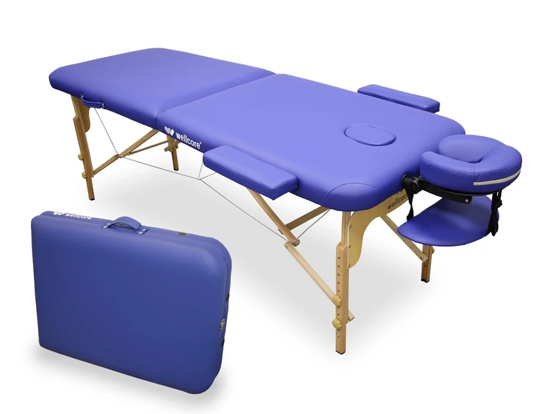 Quirumed WELLCORE Folding Massage Table, Made of Wood, Leatherette, 185 x 65 cm, Adjustable Height, Removable Head, Two Extension Arms, Facial Hole, Blue, Up to 225 kg