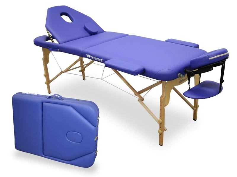 Quirumed WELLCORE Wooden Folding Massage Table with Folding Back, Plus, 185 x 65 cm, Leatherette, Adjustable Height, Removable Head, Facial Hole, Blue, Up to 225 kg