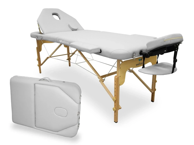 Quirumed WELLCORE Folding Massage Table with Folding Back, Made of Wood, Leatherette, 195 x 70 cm, Adjustable Height, Removable Head, Facial Hole, White, Up to 225 kg