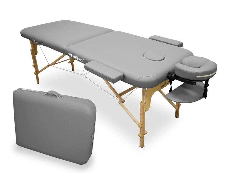 Quirumed WELLCORE Folding Massage Table, Made of Wood, Leatherette, 185 x 65 cm, Adjustable Height, Removable Head, Two Extension Arms, Facial Hole, Silver, Up to 225 kg