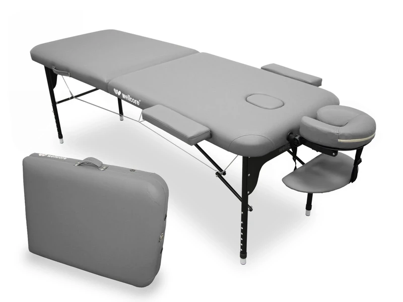 Quirumed Aluminium Folding Stretcher WELLCORE, 185 x 65 cm, Leatherette, Adjustable Height, Articulated Headrest, Face Hole, Side Arms, Silver, Carrying Case, up to 225 kg