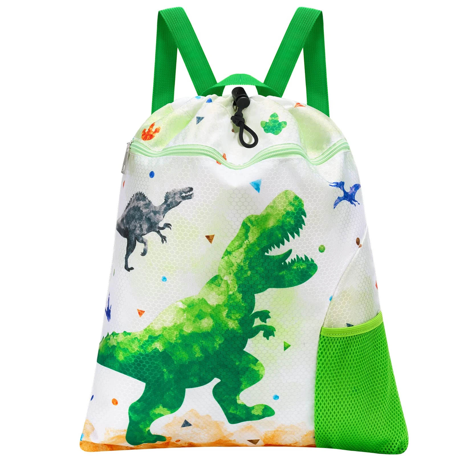 WAWSAM Dinosaur Kids Drawstring Bag - Waterproof Draw String Bag Gym Bag for Boys Portable Lightweight Backpack Sport School Beach Travel Swim Sackpack with Zipper Pocket Water Bottle Pocket