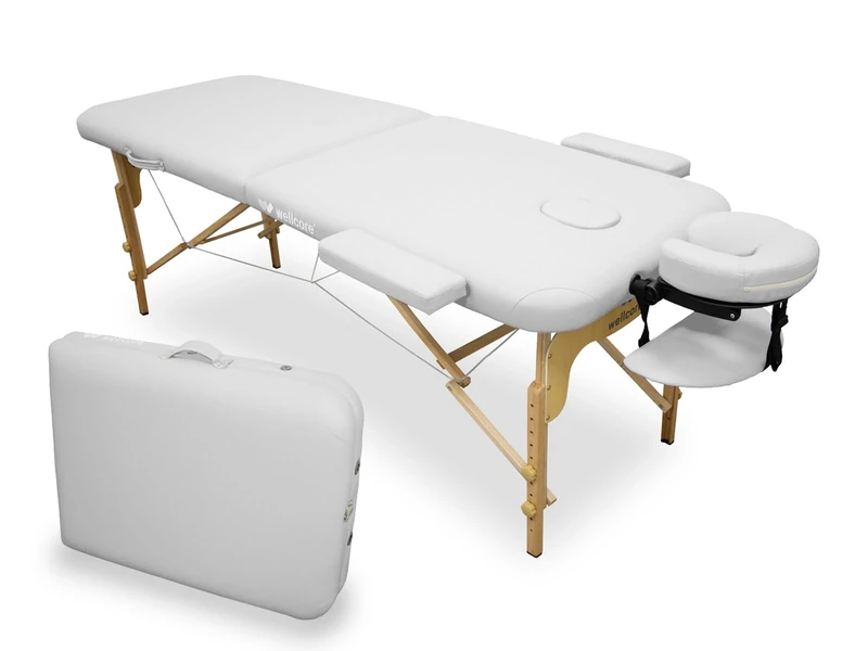 Quirumed WELLCORE Folding Massage Table, Made of Wood, Leatherette, 185 x 65 cm, Adjustable Height, Removable Head, Two Extension Arms, Facial Hole, White, Up to 225 kg