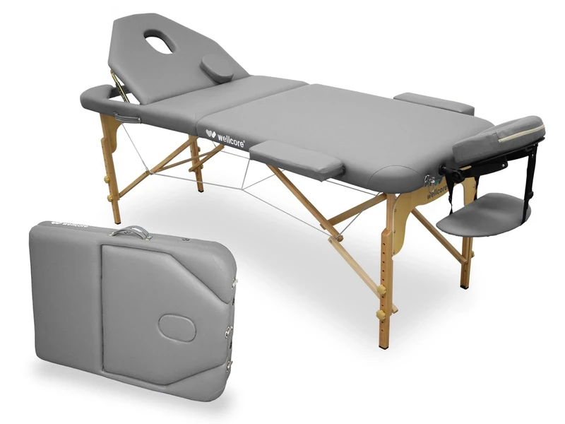 Quirumed WELLCORE Wooden Folding Massage Table with Folding Back, Plus, 185 x 65 cm, Leatherette, Adjustable Height, Removable Head, Facial Hole, Silver, Up to 225 kg