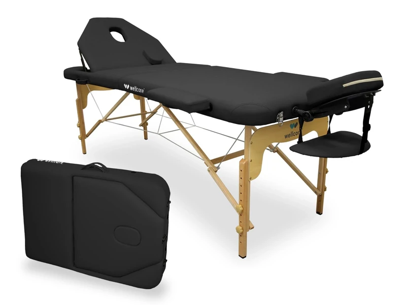 Quirumed WELLCORE Folding Massage Table with Folding Back, Made of Wood, Leatherette, 195 x 70 cm, Adjustable Height, Removable Head, Facial Hole, Black, Up to 225 kg