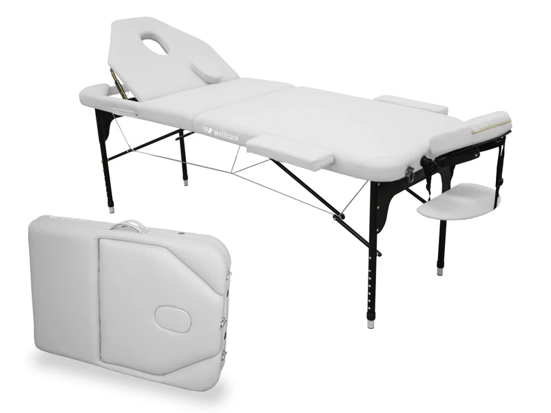 Quirumed WELLCORE Aluminium Folding Stretcher with Folding Back, 185 x 65 cm, Leatherette, Adjustable Height, Articulated Head, Facial Hole, White, Carry Backpack, Up to 225 kg