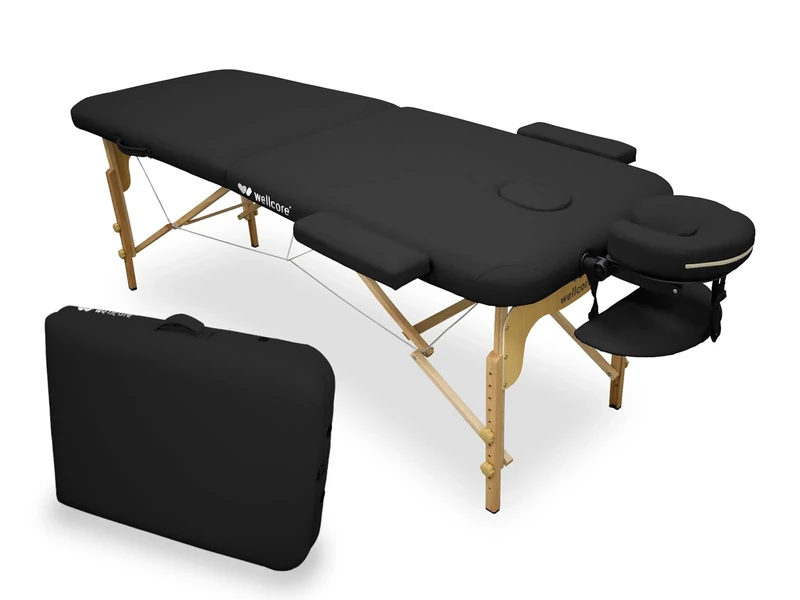 Quirumed WELLCORE Folding Massage Table, Made of Wood, Leatherette, 185 x 65 cm, Adjustable Height, Removable Head, Two Extension Arms, Facial Hole, Black, Up to 225 kg