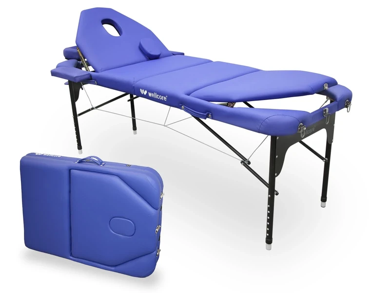 Quirumed WELLCORE Aluminium Folding Stretcher with Double Folding Back, 185 x 65 cm, Leatherette, Adjustable Head, Facial Hole, Blue, Carrying Backpack, Up to 225 kg