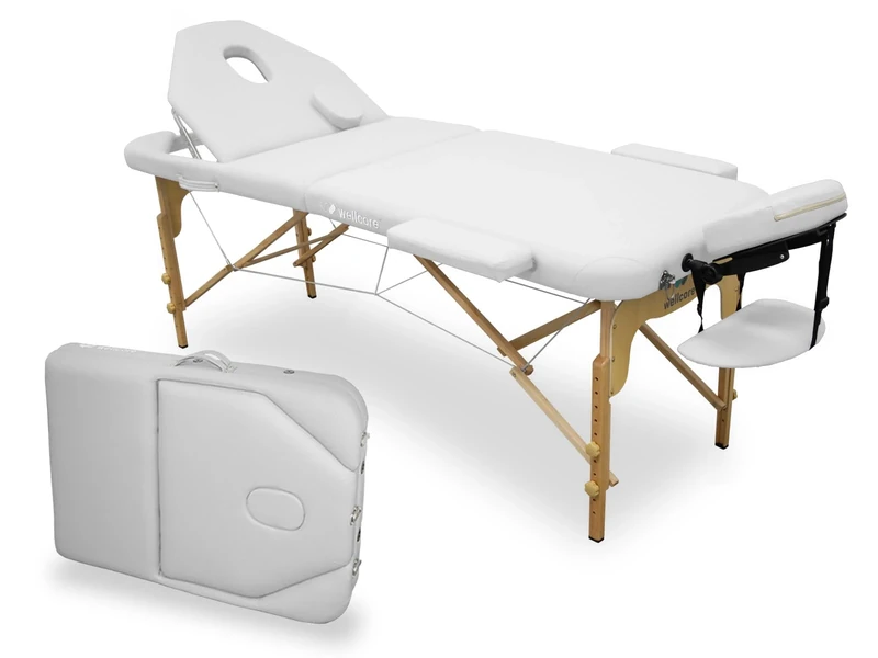 Quirumed WELLCORE Wooden Folding Massage Table with Folding Back, Plus, 185 x 65 cm, Leatherette, Adjustable Height, Removable Head, Facial Hole, White up to 225 kg